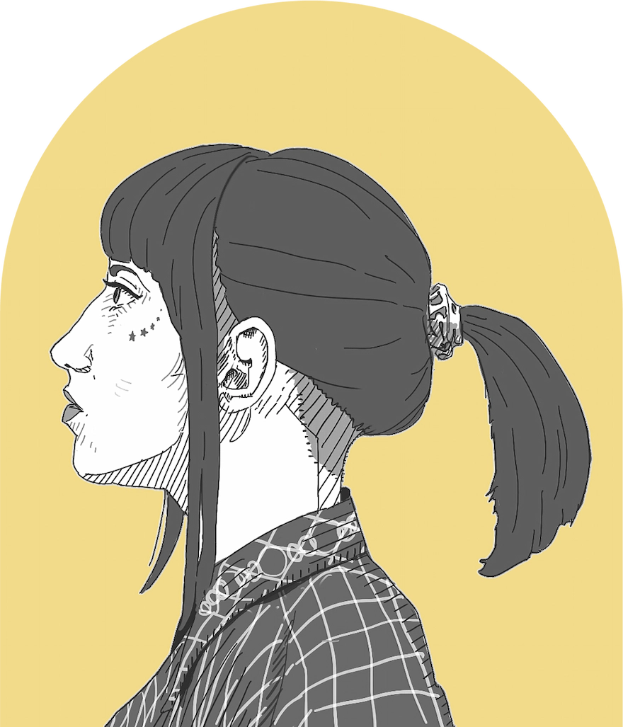 A profile illustration of Amparo in black and white, on a yellow background, in an arched shape.
